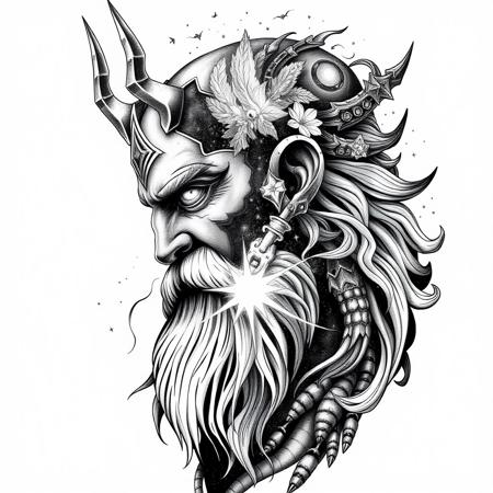 Nordic god galaxy dubble exposure, hyperrealistic tattoo design, black and grey, chicano style, full image, white background, no pencils, 4k resolution, super detailed, high quality, anatomically correct, sharp focus, high contrast, 1080P, HD, 16k,