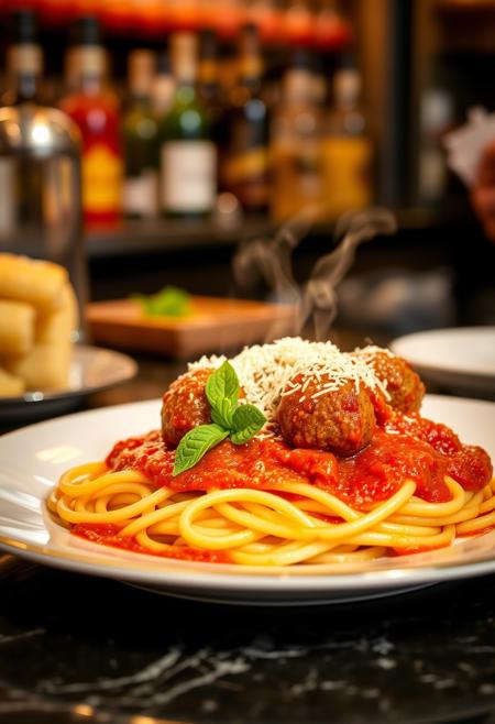 a perfect plate of spaquetti with meat balls, steamy, hot, tomate sauce and cheese, fancy italian counter,