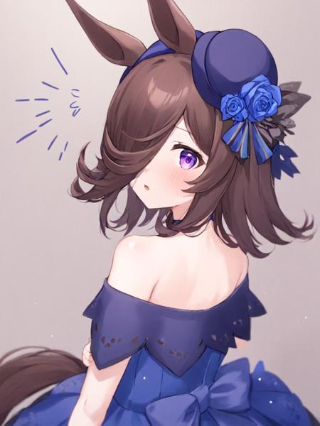 <lora:ç±³æµ´:1>,1girl,rice_shower_\(umamusume\),solo,animal_ears,blue_flower,blue_rose,horse_ears,purple_eyes,hair_over_one_eye,off-shoulder_dress,hat,rose,hat_flower,tilted_headwear,brown_hair,horse_girl,bangs,blue_dress,black_hair,