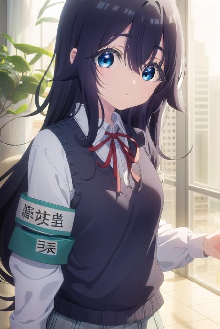 shizukayoshimoto, <lora:shizuka yoshimoto s1-lora-nochekaiser:1>,
shizuka yoshimoto, long hair, bangs, blue eyes, black hair, hair between eyes, wavy hair,
BREAK skirt, shirt, ribbon, school uniform, white shirt, pleated skirt, red ribbon, neck ribbon, armband, sweater vest,
BREAK indoors, classroom,
BREAK looking at viewer, (cowboy shot:1.5),
BREAK <lyco:GoodHands-beta2:1>, (masterpiece:1.2), best quality, high resolution, unity 8k wallpaper, (illustration:0.8), (beautiful detailed eyes:1.6), extremely detailed face, perfect lighting, extremely detailed CG, (perfect hands, perfect anatomy),