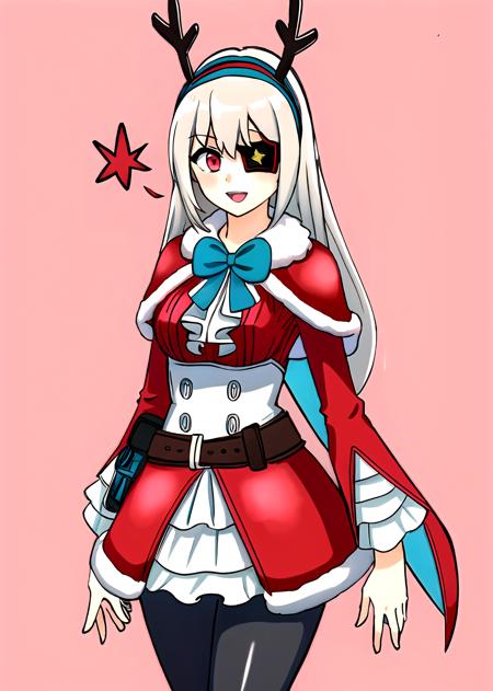 1girl, solo, christmas, long hair, eyepatch, fur trim, red eyes, santa costume, antlers, capelet, bow, hairband, looking at viewer, white hair, simple background, red capelet, pantyhose, belt, grey hair, smile, black pantyhose, fur-trimmed capelet, fake antlers, christmas_background, dress, long sleeves, bangs, skirt, blush, bowtie, closed mouth, upper body, star (symbol), open mouth, frills, reindeer antlers, breasts, standing,  cape, red dress, medium breasts, pink background, , ,, , red skirt, long_hair,upper_body,,<lora:reinaFortnite-09:0.7>  <lora:OmarDogan_08v2:0.6>