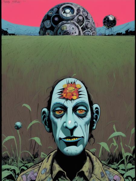 art by Victor Moscoso, (art by Art Spiegelman:1.0) , Raw digital photo, field and flora, concept art, Cartoony Capricious "The Downfall of [Blood:Metal:8] ", Ultrarealistic, Regret, Highres