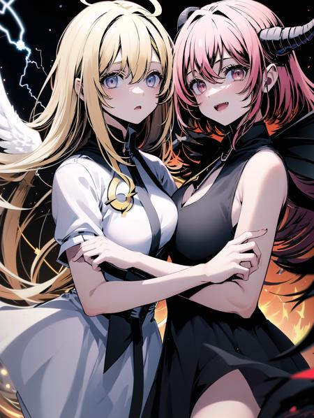 2girls, dynamic angle, starry sky, hug, looking at viewer, psychic, magical,    ADDCOMM 
 blonde hair, (white wings, angel:1.5) ,expressionless, long hair   (magic circle, electricity, electronics:1.6) ADDCOL 
 pink hair, short hair, (black wings, devil, devils wings, devils horn:1.5), evils smile (fire, pyrokinesis:1.4)  <lora:pitch_black_shadow_V2:1.5>