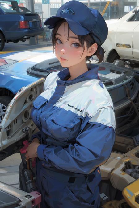 looking at viewer,garage,girl,tools,car,mechanic,cap, (realistic:1.6),large breasts, bikkuri<lora:bikkuri:1>