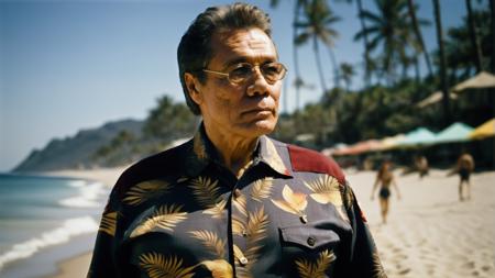 portrait of Edward James Olmos man, walking on a beach, (wearing an hawaian shirt:1.2), whimsical, photo, canon dslr, high quality, photorealistic, bokeh, analog film, rule of 3rds composition