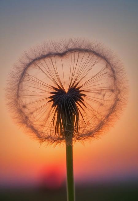 a little red heart in a dandelion seed, lit by the sunset sky background in the color of the sunset