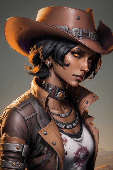 <lora:nisha_(borderlands):0.8>, nisha (borderlands), masterpiece, best quality, 1girl, solo, hat, dark skin, dark-skinned female, short hair, black hair, hair over one eye, lips, nose, mole above mouth, orange eyes, choker, portrait, cowboy hat, profile,