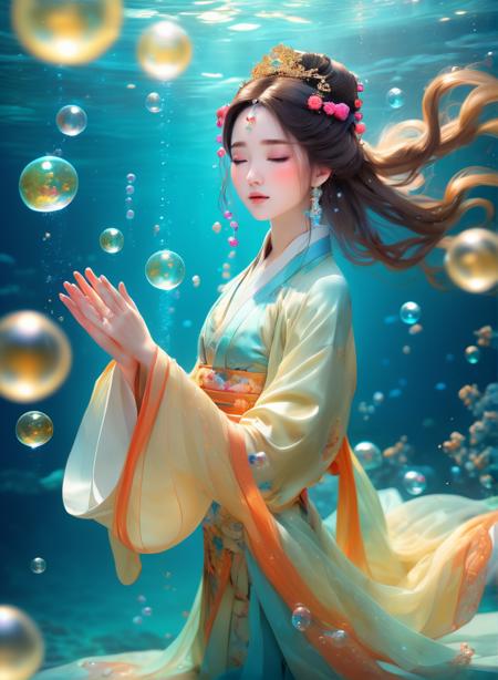 mysterious, (masterpiece, realistic, ultra high res:1.5), 1 girl, solo, wearing hanfu, jewelly, bokeh, sea, under sea, under the water, bubbles around, floating hair, aquatic, close eyes, satisfied face, expressionless face, hands down,