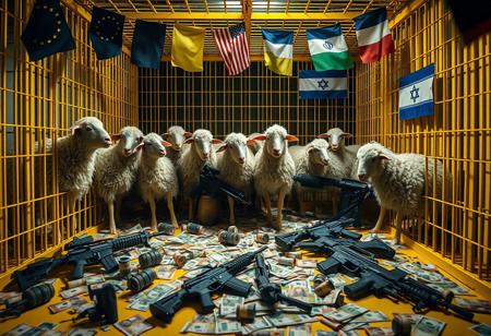 Inside a large, bright yellow cage, a mix of anthropomorphic sheep and humans interact, blending both species’ features in a surreal tableau. The scene is illuminated with cinematic lighting, casting dramatic shadows that enhance the tension. Scattered across the floor are euros and dollars, lying chaotically alongside hand grenades and M16 rifles, creating a symbolic atmosphere. Above the cage, European Union, USA, Ukrainian, Israeli, and Iranian flags wave gently. The image is captured as if through Panavision Himax lenses, adding a rich depth of field that emphasizes the contrast between the lively figures and the ominous presence of weapons and money