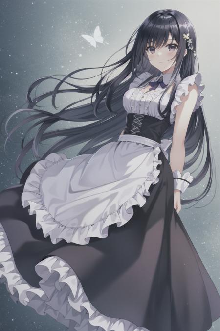 masterpiece,best quality, very detailed background, highly detailed background, 1girl, solo,, sky, full body,  <lora:miharu_sg:0.6>, black hair, long hair, brown purple eyes, breasts, medium breasts, Black bow,  butterfly hairclip, hair ornament, maid costume, cold face, closed mouth,