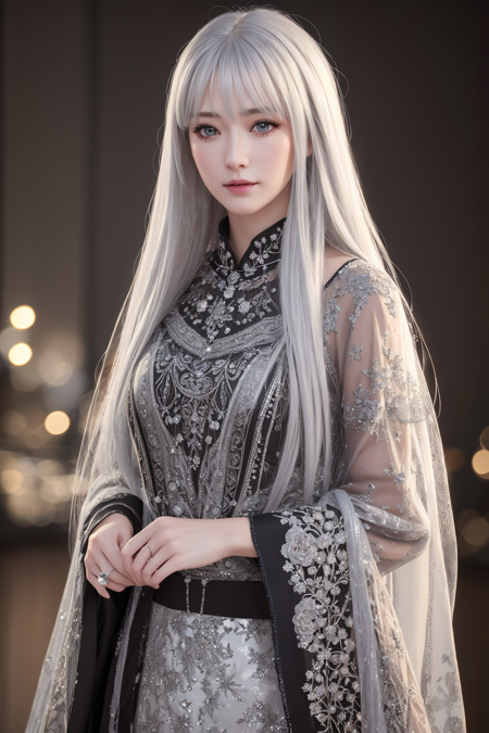 high quality, best quality, photo-realistic, raw-photo, realistic, ultra realistic 8k cg, ultra-detailed, High definition, masterpiece, 1girl, long hair, silver hair, full-lenght body shot, intricate details, detailed texture, finely detailed,