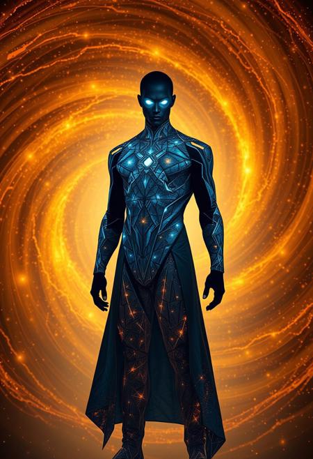 A mysterious humanoid superhero stands confidently in front of a swirling, golden-orange cosmic vortex. The figure is dressed in a sleek, futuristic bodysuit or long coat, composed of intricate glowing geometric patterns, like broken shards of glass forming circuitry. The face is obscured in silhouette, but the eyes and forehead emit a bright, ethereal blue-white glow, suggesting immense quantum energy. The background is a radiant blend of gold, amber, and starfield textures, forming an arcane ring or quantum portal. The visual style is luminous, detailed, and abstract—like a fusion of stained glass and sci-fi tech.