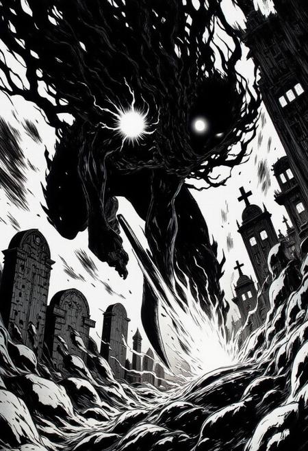 A dynamic manga sketch in black and white, A dynamic comic-style scene with sharp, bold ink lines and intense contrast. The agile character, clad in a sleek, form-fitting outfit with tattered edges, leaps through the air in a low, crouched pose, gripping a curved dagger that radiates a blinding white glow. The blade’s brilliance cuts through the murky darkness, casting jagged shadows across the eerie graveyard behind. Cracked tombstones lean at odd angles, gnarled trees twist skyward, their branches clawing at the stormy night sky. Wisps of ghostly mist swirl around the character’s feet, disturbed by their rapid motion. The perspective is low and tilted, emphasizing movement and energy, as the character's intense gaze locks onto something unseen, ready to strike.
