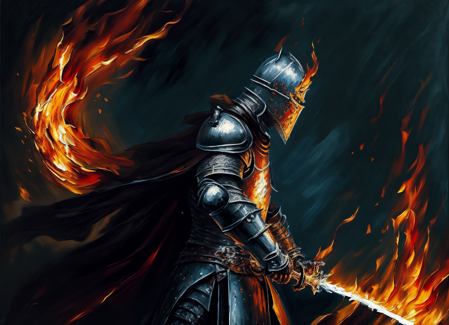 (speed oil painting) of a knight wielding a flaming sword in darkness, ominous, medieval, dark fantasy, cape