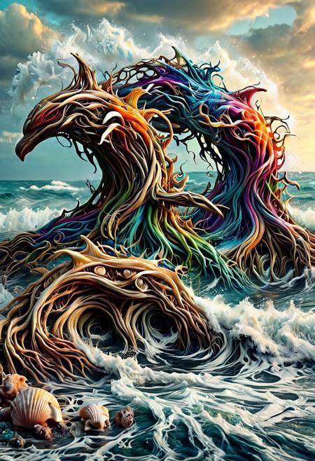 Ever Growing Connections, vibrant colors, vivid colors, dolphins made out of morph-treeroots, playing in the ocean, sea shells, crashing waves, dramatic, , Masterpiece, best quality, amazing quality, volumetric lighting, SFW, exquisite detail, digital art, highly detailed, beautiful, surreal,
