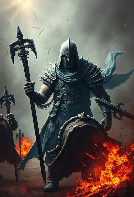 epic warrior, war torn background, epic quality
