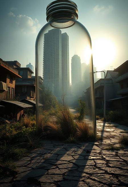 In a huge glass bottle, there is a desolate city, the skyscrapers that once towered into the sky, but now lie in ruins - the forgotten city. Its streets, once bustling with life, now lie quiet, suffocated by weeds and memories. The sun barely dared to penetrate the thick haze, casting long shadows on the cracked pavement. Cinematography, cinematic mood, cinematic light, striking composition, storytelling elements, conveying emotion, mood and narrative depth, creating visually compelling images that feel like still frames in a film, wide angles, chaotic huts in a blurred background. Vibrant, realistic, realistic, dramatic, dark, sharp focus, 8k.