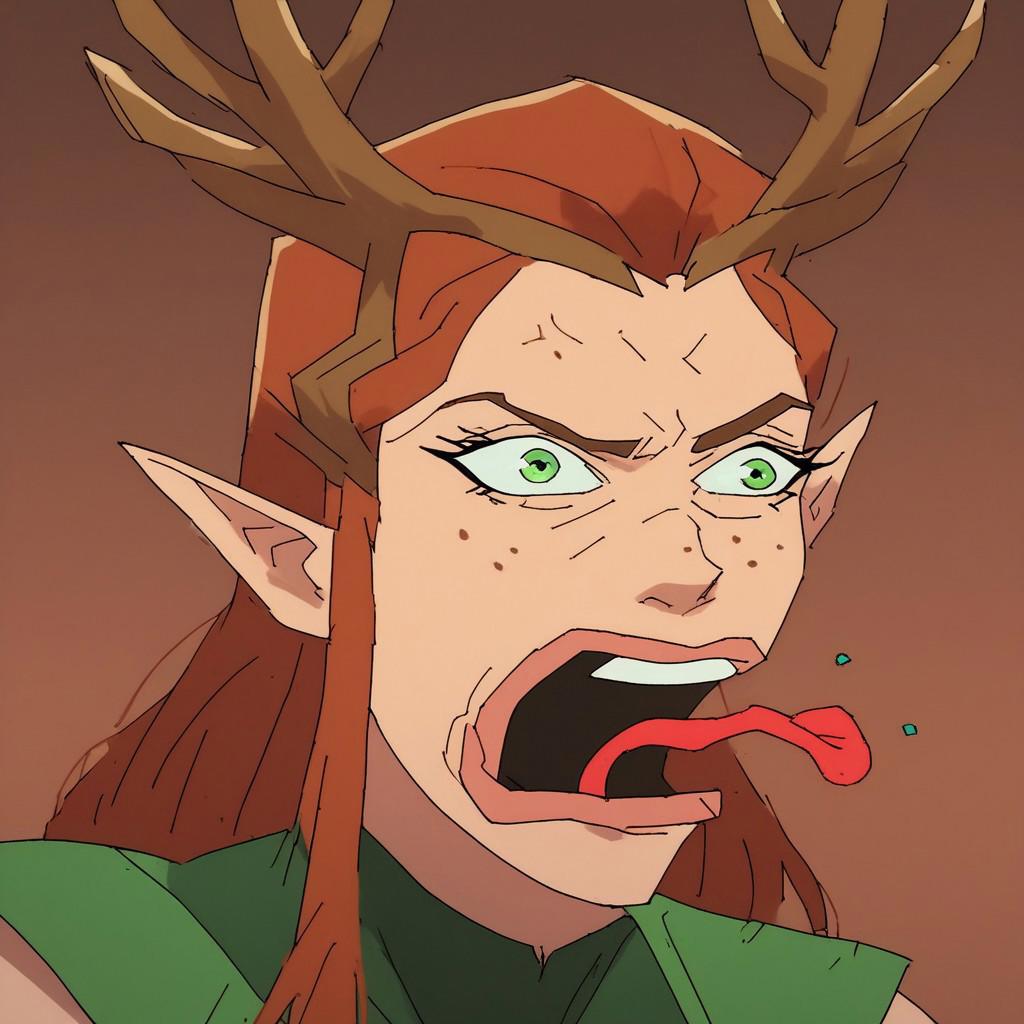 score_9, score_8_up, score_7_up, 1 girl, solo female, female focus, solo focus, keyleth, long hair, brown hair, green eyes, pointy ears, elf, antlers, freckles, PepeREEEEEEEEEEEEE, Enragedpepe, solo, tongue, open mouth, anger vein, angry, tongue out