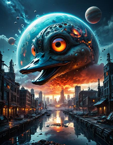 <lora:Space_Worlds_02_Dark_xlv1:1> sw02d_xl, in space, water planet, steampunk, space nebula, planet decay, cyberpunk city, clouds, lava, giant weird duck with huge eyes,