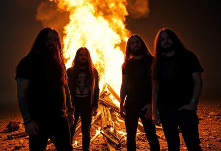 Press photograph of a Stoner Doom band consisting of 3 norwegian dudes with long dark hair standing in front of a massive fire, photo, canon, dslr, 4k, metal, sludgecore