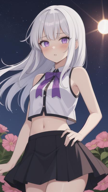 1girl, white hair, purple eyes, glowing eyes, crop top, skirt, parted lips, blush, night, flowers, sun, sunlight,