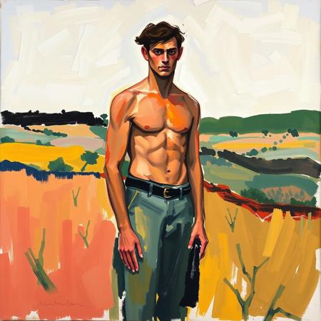 Abstract expressionist painting by Richard Diebenkorn, Jackson Pollock. Loose, gestural brushwork. Wide, rough brush strokes, Abstract. Abstract expressionism. Fauvist colors. Masculine figure in an abstract California landscape.