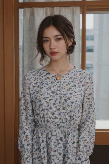 one pretty european girl, (.5 filipina) solo, brown hair, (half updo), blue eyes, lips, collarbone, big tits, cleavage, drooping bulbous breasts, necklace, jewelry, orange patterned dress, sundress, looking at viewer, indoor, bokeh, upper body, film grain, cowboy shot, epiCPhoto, <lora:pytorch_lora_weights:0.5>, <lora:breastsizeslideroffset:0.2>, <lora:picxer_real:0.7>, <lora:InstantPhotoX3:0.4>, <lora:more_details:0.6>, identical eyes, identical iris, identical roundpupils, sharp focus, 8k, photography, highresolution, highres, highly detailed dynamic lighting, photorealistic, 8k, raw, rich, intricate details,