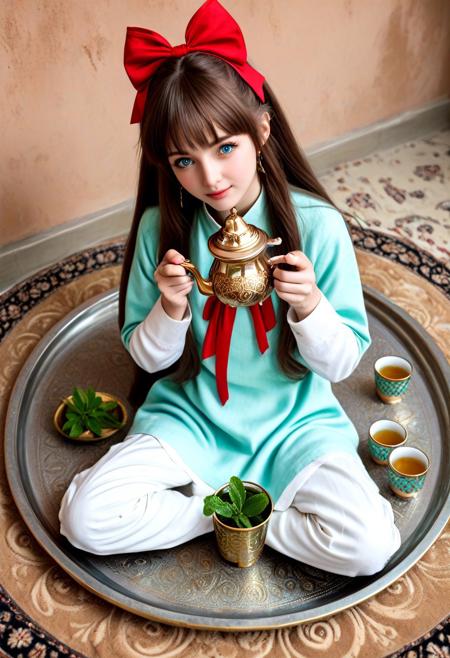 (anime coloring, anime screencap), KanzakiaoiTB, Atai, lazyup, 
low wooden table, brass tray, teapot and mint bundle, clay wall, carpet background  
diffused daylight, neutral tone, faint smoke trail  
overhead angle, top-down view, soft shadow edges  
cross-legged pose, arranging tea cups, focused look  
slim, long hair, red bow, blue eyes, big bow, hair bow  
simple djellaba, soft green, linen texture, ornate hem  
mint sprigs scattered, glowing coals in brazier, swirling heat waves