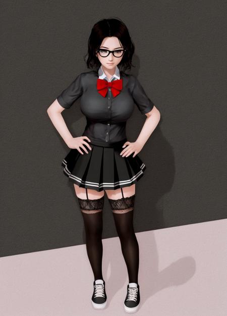 Harem_Hotel_kali, 1girl, black background, black hair, black skirt, black thighhighs, black-framed eyewear, bow, bowtie, breasts, collared shirt, fingerless gloves, full body, glasses, gloves, hand on hip, lace-trimmed legwear, large breasts, looking at viewer, pleated skirt, red bow, red bowtie, school uniform, shirt, shoes, skirt, sneakers, solo, standing, thighhighs, black footwear, black shirt, zettai ryouiki, Plain Background<lora:Harem_Hotel_kali-10:0.6>,