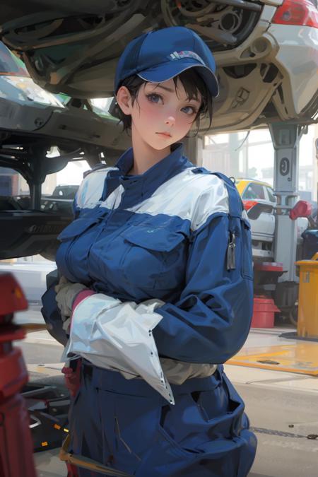 looking at viewer,garage,girl,tools,car,mechanic,cap, (realistic:1.6),large breasts, bikkuri<lora:bikkuri:1>