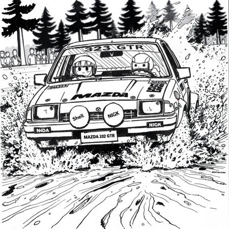 A hand-drawn, black and white sketch illustration in a dynamic comic style. The scene shows a Mazda 323 GTR rally car bursting through a muddy water crossing during an enduro competition. The car is covered in splashes of mud and water, creating chaotic and energetic motion lines around the wheels and underbody. Its headlights are on, and the front grill and bumper are partially obscured by debris. Inside the car, two cartoonish, simplified driver figures with helmets and visors are gripping the wheel and navigating the terrain with intense focus. The windshield has diagonal lines indicating speed and vibration. "MAZDA" and "GTR" decals are visible on the body, as well as a few sponsor stickers like "Shell" and "NGK", all loosely rendered. In the background, stylized trees and faint outlines of spectators blur into the distance. The overall style is exaggerated and full of motion, with bold ink lines, splash effects, and strong contrasts, reminiscent of a linocut print or a motorsports-themed zine comic. The drawing should evoke a sense of speed, chaos, and vintage rally charm from the 80s and 90s.