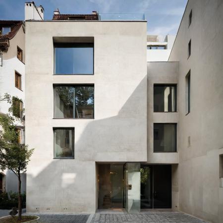 residence, The residenceâs white stucco plaster walls, rendered in a soft, earthy tone, bring a tactile quality to the contemporary design. The stucco finish offers subtle texture and depth, giving the building an understated elegance that stands out among the sleek glass and metal faÃ§ades typical of the city center. This choice adds warmth to the structure, creating a cozy, welcoming presence while remaining aligned with the modern, minimalist and contemporary aesthetic. <lora:xl_more_art-full_v1:0.8> <lora:epi_noiseoffset2:5> <lora:ModernArch_Residence_XL_V1:0.68>
