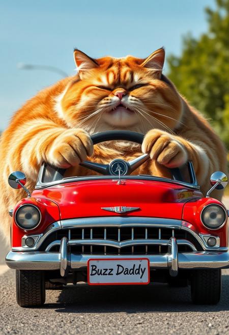 "A behemoth of a fat cat, its massive frame squeezed behind the wheel of a toy-like vehicle, its bright, fire-engine red paint job gleaming like a ruby in the sunlight. The car's miniature proportions seemed to be on the verge of collapse under the cats enormity, its delicate, chrome-plated bumper and grille threatening to buckle beneath the cats imposing bulk. As he grasped the steering wheel, his enormous paws engulfed the tiny circumference, his paws drumming out a staccato beat on the dashboard as he navigated the road with a look of absurd, delighted concentration, his face etched by a joyful smile. The front license plate says: "Buzz Daddy". highest-Quality, intricate details, visually stunning, Masterpiece