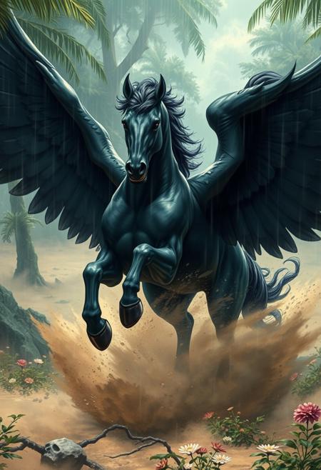 complex illustration of a mighty black winged pegasus in the jungle very fast running to the viewer, muscular, vascular, trees and flower, in a massive cloud of dust, aggression, anger, hyperrealistic scene, heavy rain, detailed focus, art by Aaron Jasinski, epic fantasy scene, vivid colors, Enchanted Masterpiece, Fantasy Core, Award-Winning, Masterpiece, contrast, faded,