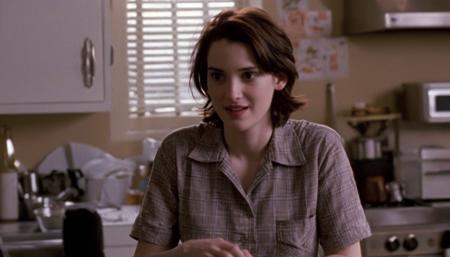 <lora:Winona Ryder (90s) SDXL - Trigger is Winona Person :.8>, , Movie scene starring winona Person, having a debate with a particularly stubborn and philosophical talking potato, shot in a rustic kitchen, showcasing tuberous talk.