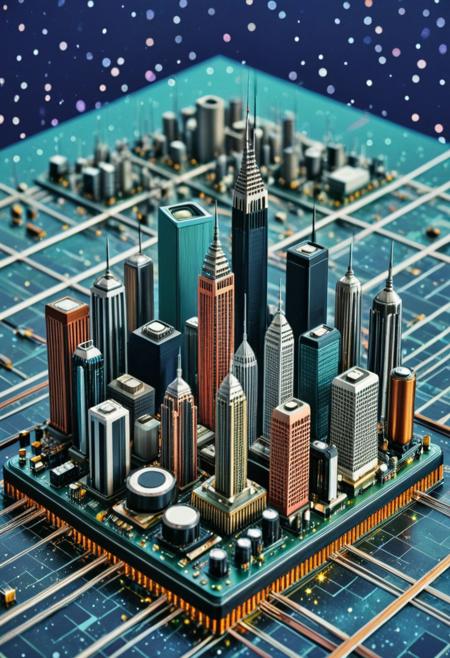 score_9, score_8_up, score_7_up, microworldslora, analog photo, retro wave color, ( Unmanned:1.2), night city scape and skyscrapers made of Transistors, from below view, starry sky,