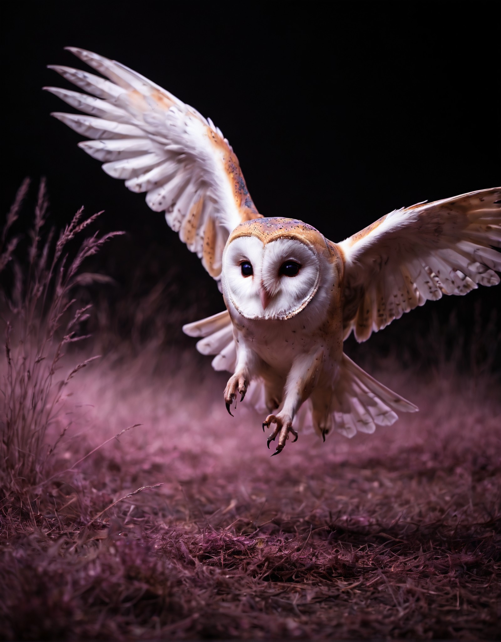 The scene depicts a wild Barn Owl, with the speed of its motion leaving behind traces. The animal's gaze is focused and aw...