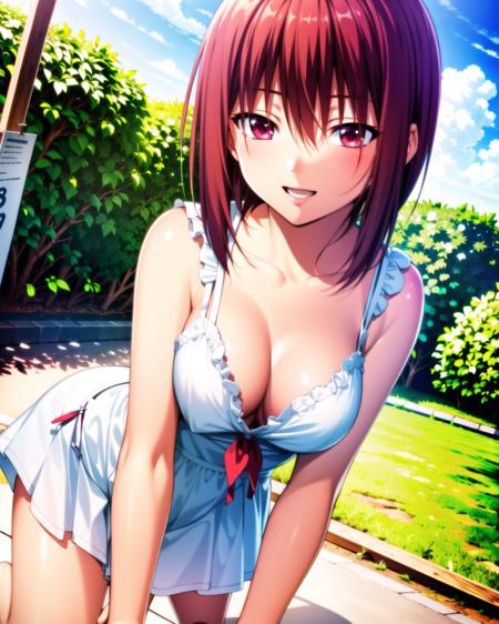 ((masterpiece)), ((best quality)), ((highres)), ((extremely detailed CG unity 8k wallpaper)), solo, <lora:iwasawa:0.9>, iwasawa, yellow sundress, close up, smile, red eyes, outdoors