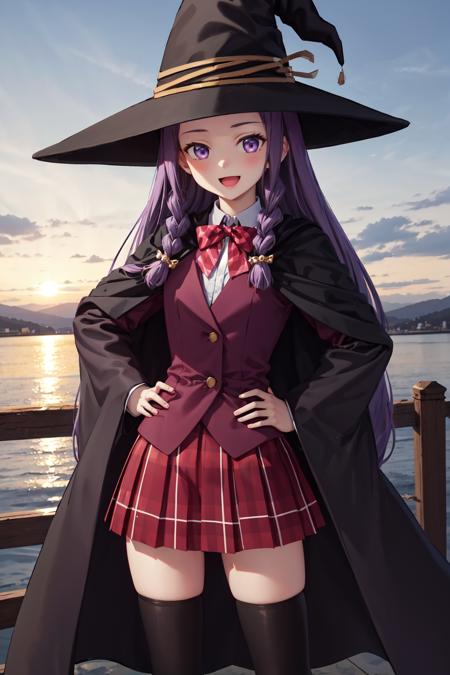 masterpiece,best quality,highres,ultra-detailed,aayue,1girl,purple eyes,purple hair,long hair,ahoge,twin braids,braid,witch,witch hat,cape,school uniform,red bowtie,vest,collared shirt,white shirt,plaid skirt,thighhighs,black thighhighs,<lora:ayase_yue:0.8>,outdoors,night,cowboy shot,:d,hands_on_hips,