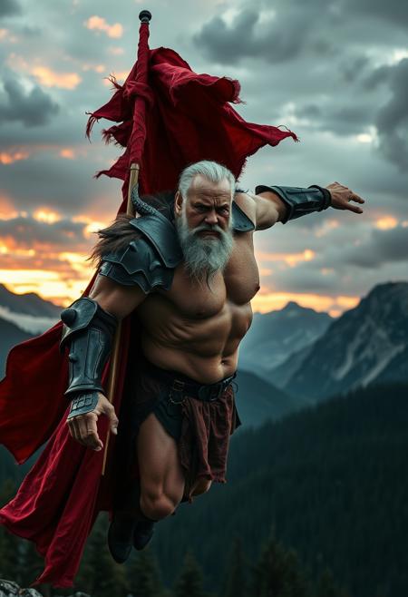 zoomed in orthographic telelens perspective closeup portrait, fantasy movie still with epic renaissance oil painting composition, old man mutating into huge bodybuilder angelic demon from heavenly hell in a mountainscape in the black forest in germany at dawn witth a dark red sky and black clouds, levitating flying majestically with elegance and grace towards viewer, with gigantic muscles, gigantic muscles, huge neck, very long gray hairy swaying in the wind, large round belly overhang, hairy armpits, tanned sweaty oily skin, huge veins on skin, large old mans hairy chest nipples, wearing black plate knight armor, long red tattered cape, masive shoudler pauldrons, black feather angel wings with demonic horns, commander of a legion holding a huge flag, raising banner, call to arms, warcry