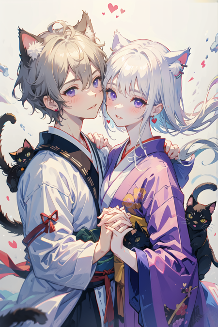 (1boy, 1girl), (cat ears:1.2), short hair, silver hair, white hair, purple eyes, masterpiece, pov, medium breast, absurdres, messy hair, cute smile, winking, blushing, nice hands, simple background, Japanese clothes, kimono, holding hands, floating heart, heart earrings, white hair, full-face blush, looking at another, face-to-face, cat girl, cat boy,