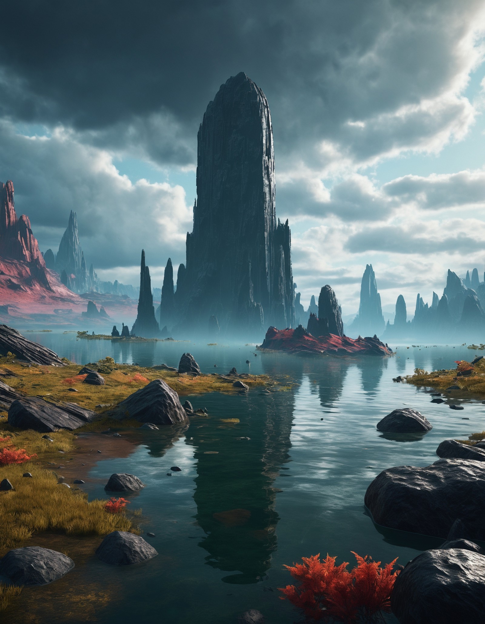 extremely detailed, landscape of an unknown planet, monolith, lake, cloudy weather, unreal engine 5, perfect composition, ...