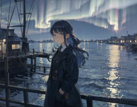 1girl,Harbour,Van Gogh's Starry Night:background,Light Color Artist,Loneliness,Long hair,aurora,