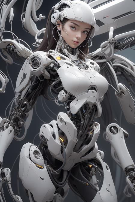 1mechanical_girl wearing intricate bioluminescent mechanical cyborg armor made out of (polished white plastic) , ((ultra realistic details)), white mecha, transparent helmet, detailed_face, global_illumination, shadows, octane_render, 8k, ultra_sharp, metal, ornaments_detailed, cold_colors, egypician_detail, highly_intricate_details, realistic_light, trending_on_cgsociety, glowing_eyes, facing_camera, neon_details, machanical_limbs, blood_vessels_connected_to_tubes, ((lot_wires_and_cables_connecting_to_head_and_body)), killing_machine, extremely_sexy, lustful, slutty,  <lora:3DMM_V10:0.6> ,<lora:white mecha v1:0.8>