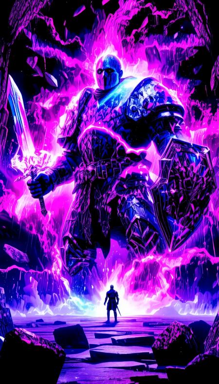 solo, score_9, score_8_up, score_7_up, score_6_up, hd, stunning scenario, realistic, wide angle, full body shot. A wide shot of a bulky ice giant, square jaw, masculine traits, blue skin with a full set of (crystal armour).
He have a magic sword and shield. The light effects from the spell reflect off his armor and the surrounding ruins, intensifying the arcane spectacle. The contrast between the purple and blue sets the scene. A small knight stand in front of the giant. Bosstyle, aidmafluxpro1.1, auralora, DB4RZ, DB4RZ style painting embedding:badhandv4.pt   embedding:easynegative.safetensors  