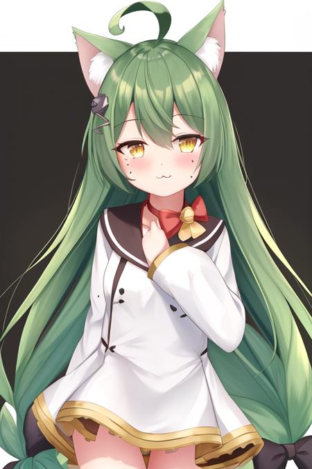 masterpiece, best quality, highres, solo, {akashi_azurlane:1.10}, animal_ears, cat_ears, green_hair, long_hair, ahoge, yellow_eyes, hair_between_eyes, bow, very_long_hair, bell, hair_ornament, blush, bangs, :3, mole, hair_bow, mole_under_eye, smile