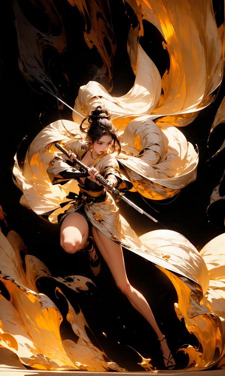 (Black background:1.7)fighting stanceponytailsheathedjapanese armorLight and dark contrast, high contrast, low saturation
1girl,  solo,full body,masterpiece,best quality,ultra-detailed,(Smoke:1.6), handheld weapons,holding a samurai sword,  (long legs:1.3), (skinny legs:1.6), (shiny skin:1.5)holding swordholding one Long, super long katana, japanese clothesHip skirt
The Chrysanthemum and the Blade <lora:~Q?-NR The Chrysanthemum and the Blade:0.7>