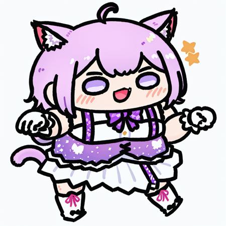 <lora:fuwafuwa:1>, 1girl, nekomata okayu, virtual youtuber, animal ears, hololive idol uniform, cat ears, solo, tail, gloves, cat tail, idol clothes, white gloves, purple eyes, official alternate costume, ahoge, purple hair, skirt, white background, cat girl, thighhighs, open mouth, smile, bow, simple background, short hair, animal ear fluff, looking at viewer, full body, standing on one leg, bowtie, single thighhigh, sleeveless, wrist cuffs, asymmetrical legwear, bangs, fang, standing, alternate costume, socks, boots, :d, ribbon, breasts, white footwear, white vest, idol