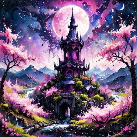 Image is a digital fantasy, ink splashing, artwork featuring a tall, intricate tower set against a vibrant, purple-hued landscape. The tower is centrally positioned, with a gothic architectural style, characterized by pointed arches and ornate detailing. Surrounding the tower is a vast expanse of lush, pink cherry blossom trees, creating a sea of blossoms that extends to the horizon. A river meanders through trees. The background is dominated by jagged, dark mountains under a starry night sky, with a crescent moon adding to the ethereal atmosphere.