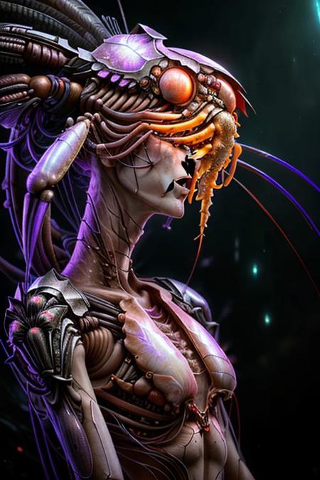 portrait of pearl crab female (long neck, slender arms)) massive headdress, bio armor, (luminesce purple glowing) floating particles, insect textures, scifi,